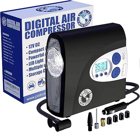 PI Auto Air Compressor - Portable, 12V, Digital Tire Inflator w/Pressure Gauge, Auto-Shut Off and LED Light to Pump Bike or Car Tires and Camping Equipment