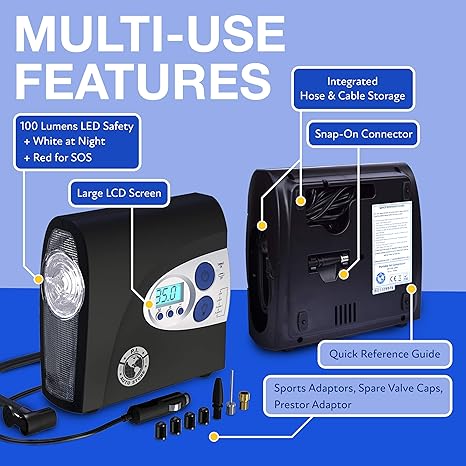 PI Auto Air Compressor - Portable, 12V, Digital Tire Inflator w/Pressure Gauge, Auto-Shut Off and LED Light to Pump Bike or Car Tires and Camping Equipment