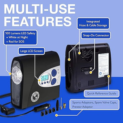 PI Auto Air Compressor - Portable, 12V, Digital Tire Inflator w/Pressure Gauge, Auto-Shut Off and LED Light to Pump Bike or Car Tires and Camping Equipment